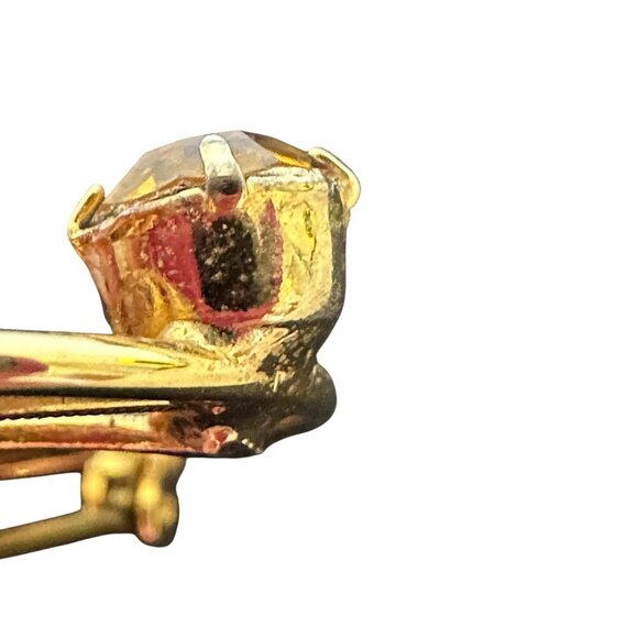 Vintage Gold Double Circle Brooch Leaf Filigree Design Amber Rhinestone 1.25in - Picture 3 of 14